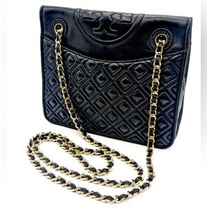 Tory Burch Black Quilted Shoulder Bag with Gold Chain